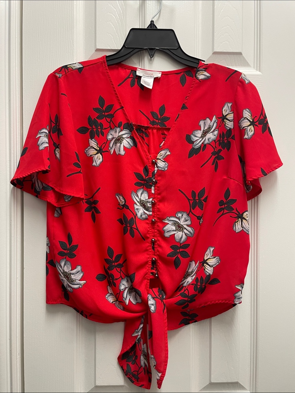 URBAN Romantics Red Floral Tie-Front Blouse